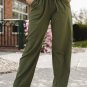 Green Drawstring Elastic Waist Pockets Long Straight Legs Pants