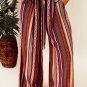 Red Boho Ethnic Striped Print Tie Waist Wide Leg Pants