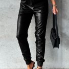 Black Smocked High-Waist Leather Skinny Pants