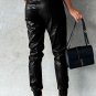 Black Smocked High-Waist Leather Skinny Pants