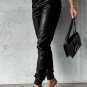 Black Smocked High-Waist Leather Skinny Pants