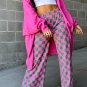 Green 2-Tone Checked Print High Waist Wide Leg Pants