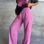 Pink Plaid Print Drawstring High Waist Wide Leg Casual Pants