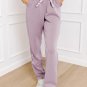 Drawstring Waist Satin Stripe Patch Straight Leg High Waist Pants