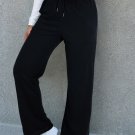 Black Solid Color Fleece Lined Drawstring Waist Casual Pants