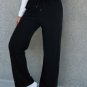 Black Solid Color Fleece Lined Drawstring Waist Casual Pants