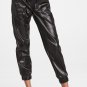 Black Faux Leather Ankle Smocked Waist Drawstring Joggers