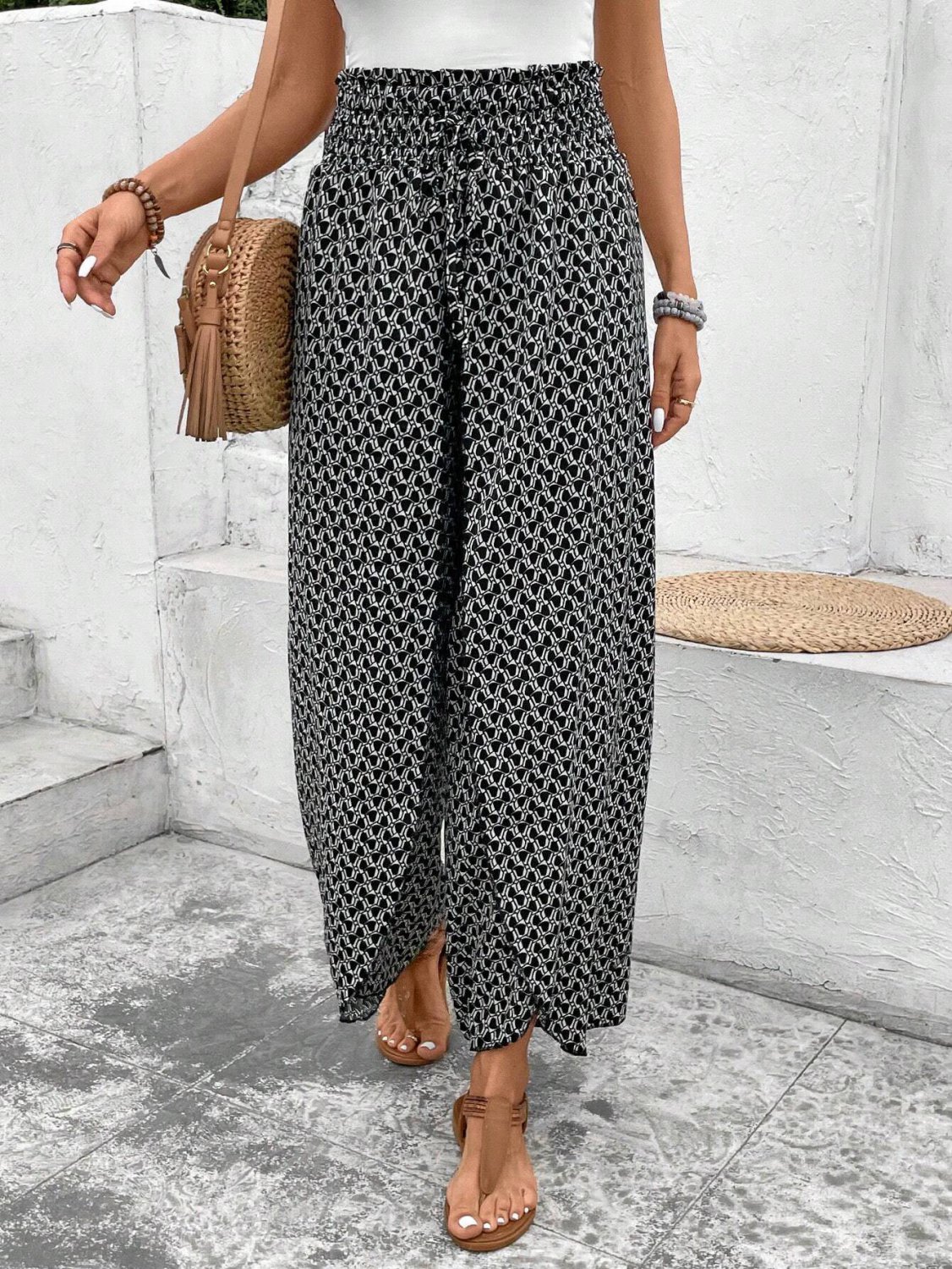 Black Bohemian Print Slit Wide Leg Smocked High Waist Pants