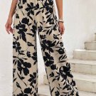 Khaki Floral Print Smocked High Waist Wide Leg Pants