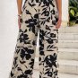 Khaki Floral Print Smocked High Waist Wide Leg Pants