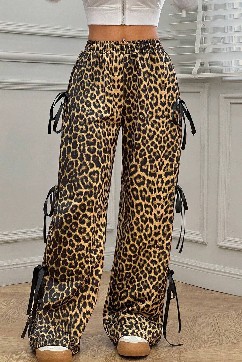 Brown Leopard Print Bow Tie Drawstring Loose High Waist Pants