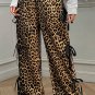 Brown Leopard Print Bow Tie Drawstring Loose High Waist Pants