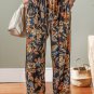 Multicolour Floral Shirred High Waist Wide Leg Pants with Tie