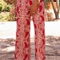 Red Paisley Printed Buttoned High Waist Straight Leg Pants