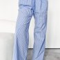 Sky Blue Stripe Wide Leg Buttoned Lace up Elastic High Waist Pants