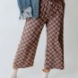 Khaki Checkered Elastic High Waist Loose Casual Pants
