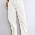 White High Waist Straight Leg Cargo Pants with Pockets
