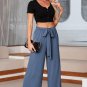 Sail Blue High Waisted Tie Front Side Pocket Wide Leg Flowy Casual Pants