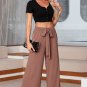 Coffee High Waisted Tie Front Side Pocket Wide Leg Flowy Casual Pants