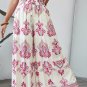 Rose Boho Printed Shirred High Waist Flowy Wide Leg Pants