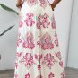 Rose Boho Printed Shirred High Waist Flowy Wide Leg Pants