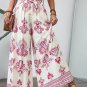 Rose Boho Printed Shirred High Waist Flowy Wide Leg Pants