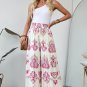 Rose Boho Printed Shirred High Waist Flowy Wide Leg Pants