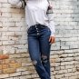 Dark Washed Distressed Flare Bottom Jeans