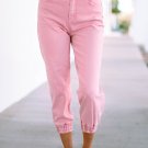 Pink Acid Wash Elastic Cuffed High Waist Jeans