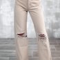 Khaki High Waist Ripped Wide-Leg Jeans
