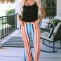 Multicolor Striped Raw Hem Flared Bottom Denim Pants