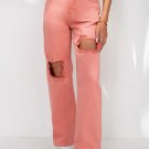 Pink High Waist Ripped Straight Leg Pocket Jeans