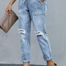 Sky Blue Gather Round Distressed Pocketed Denim Jogger
