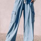 Sky Blue Drawstring High Waist Cargo Pocket Wide Leg Jeans