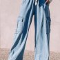 Sky Blue Drawstring High Waist Cargo Pocket Wide Leg Jeans