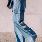 Sky Blue Drawstring High Waist Cargo Pocket Wide Leg Jeans