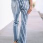 Sky Blue Vertical Striped Ripped Flare Jeans