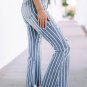 Sky Blue Vertical Striped Ripped Flare Jeans