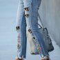 Sky Blue Printed Patch Ripped Skinny Jeans