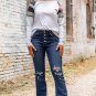 Dark Washed Distressed Flare Bottom Jeans