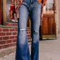 Sky Blue Button Fly Ripped High Waist Flare Jeans