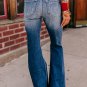 Sky Blue Button Fly Ripped High Waist Flare Jeans
