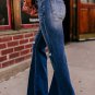 Sky Blue Button Fly Ripped High Waist Flare Jeans