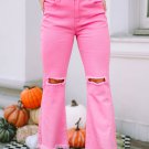 Pink Vintage High Waist Flare Leg Ripped Raw Hem Jeans