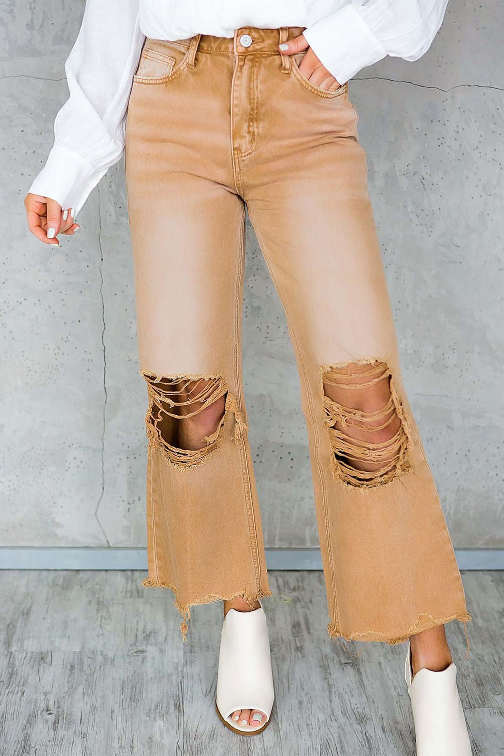 Brown Distressed Hollow out High Waist Cropped Flare Jeans