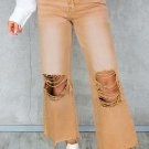 Brown Distressed Hollow out High Waist Cropped Flare Jeans
