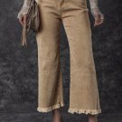 Light French Beige Acid Washed High Rise Cropped Wide Leg Jeans