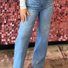 Light Blue Floral Rhinestone Decor High Rise Wide Leg Jeans