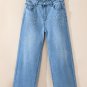 Light Blue Floral Rhinestone Decor High Rise Wide Leg Jeans