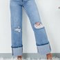 Dusk Blue High Rise Asymmetric Button Zip Fly Ripped Jeans
